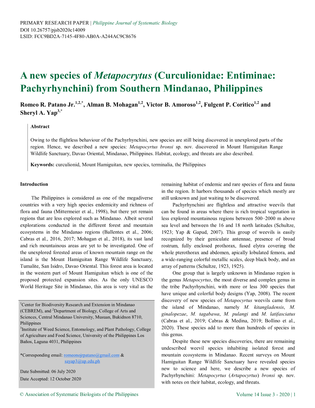 A New Species of Metapocrytus (Curculionidae: Entiminae: Pachyrhynchini) from Southern Mindanao, Philippines