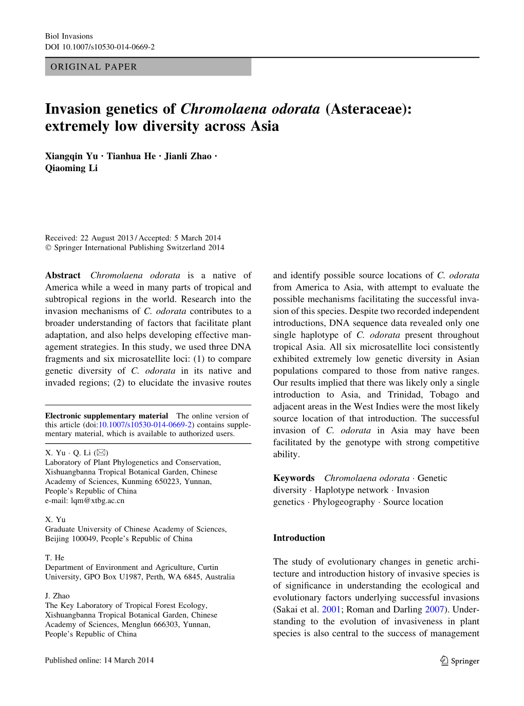 Invasion Genetics of Chromolaena Odorata (Asteraceae): Extremely Low Diversity Across Asia