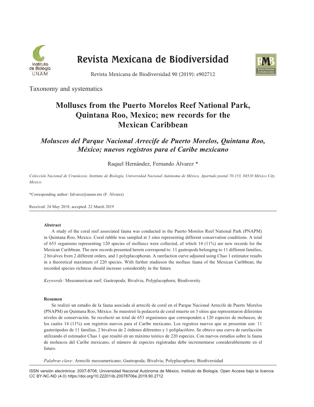 Molluscs from the Puerto Morelos Reef National Park, Quintana Roo, Mexico; New Records for the Mexican Caribbean