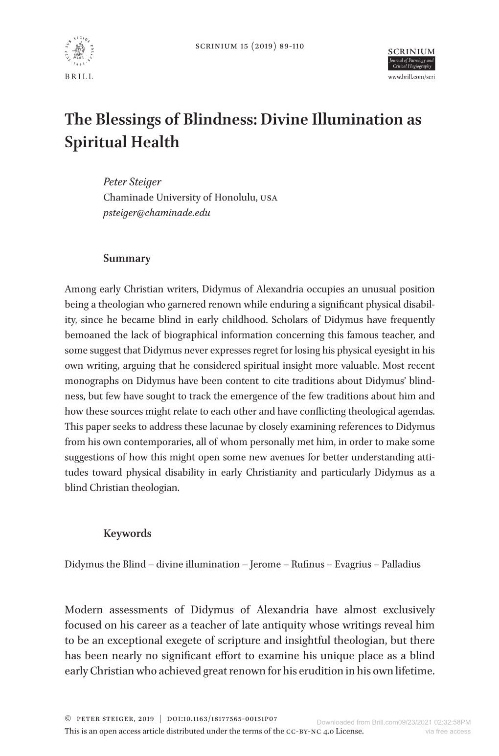 The Blessings of Blindness: Divine Illumination As Spiritual Health