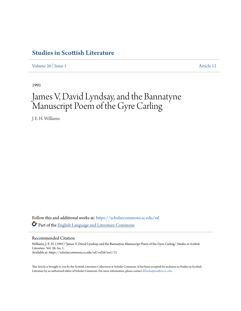 James V, David Lyndsay, and the Bannatyne Manuscript Poem of the Gyre Carling J