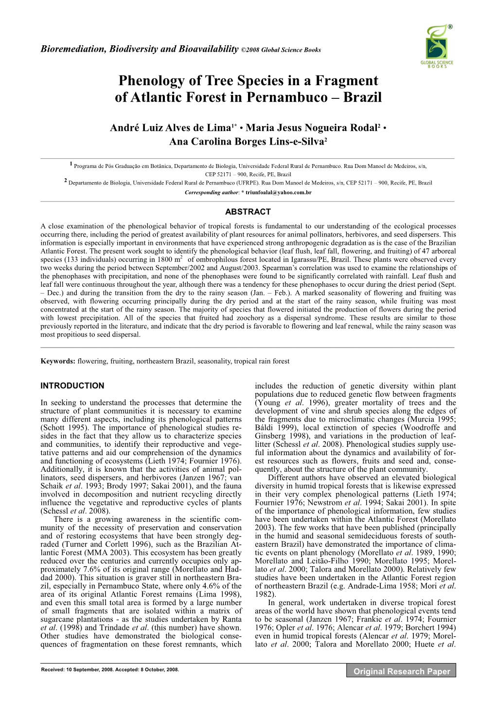 Phenology of Tree Species in a Fragment of Atlantic Forest in Pernambuco – Brazil