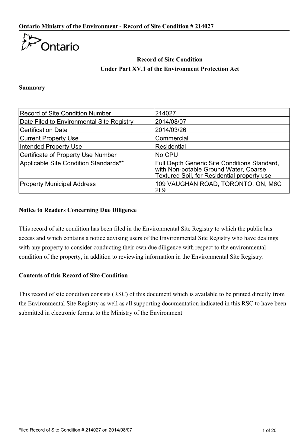 Ontario Ministry of the Environment - Record of Site Condition # 214027