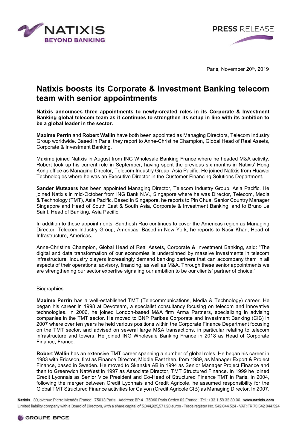 Natixis Boosts Its Corporate & Investment Banking Telecom Team