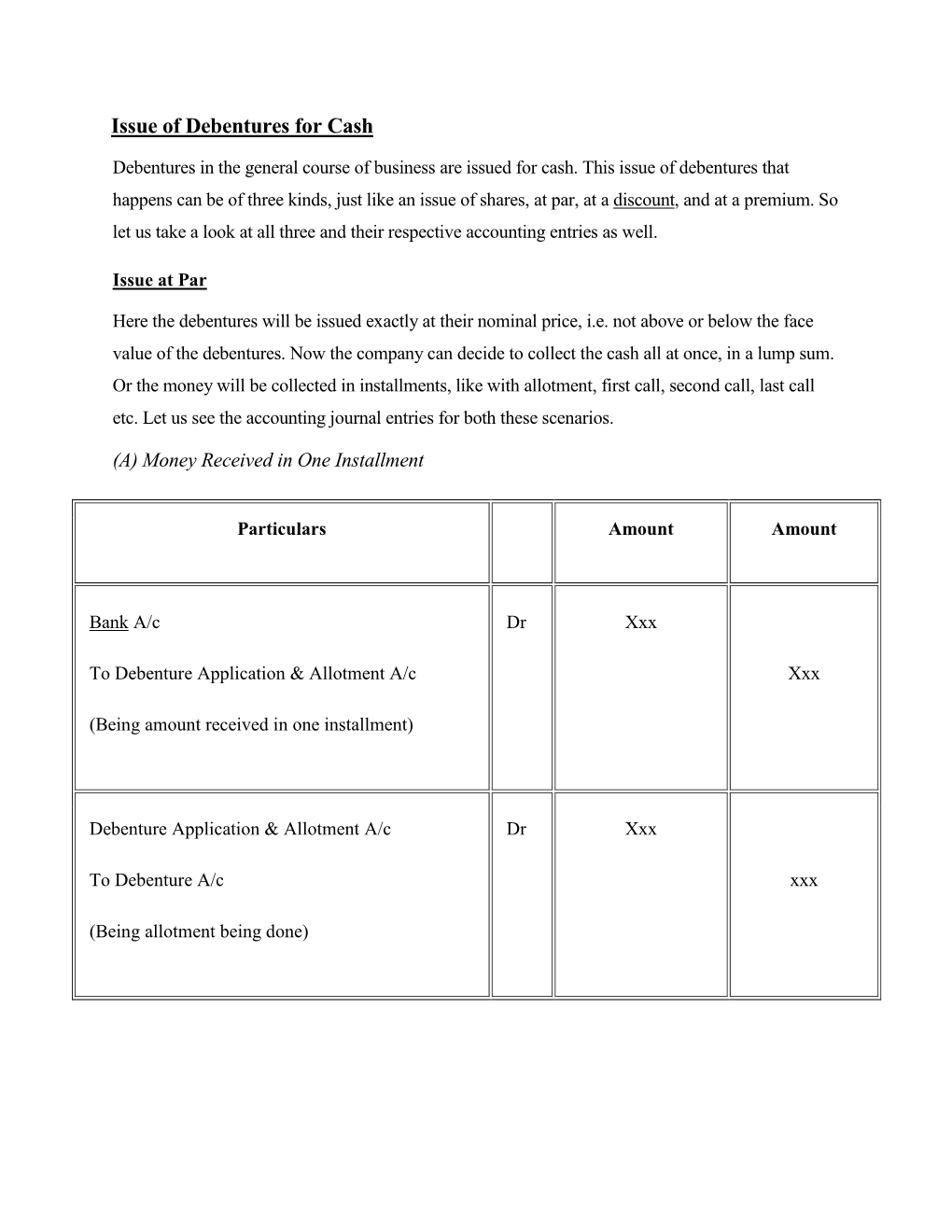 Issue of Debentures for Cash