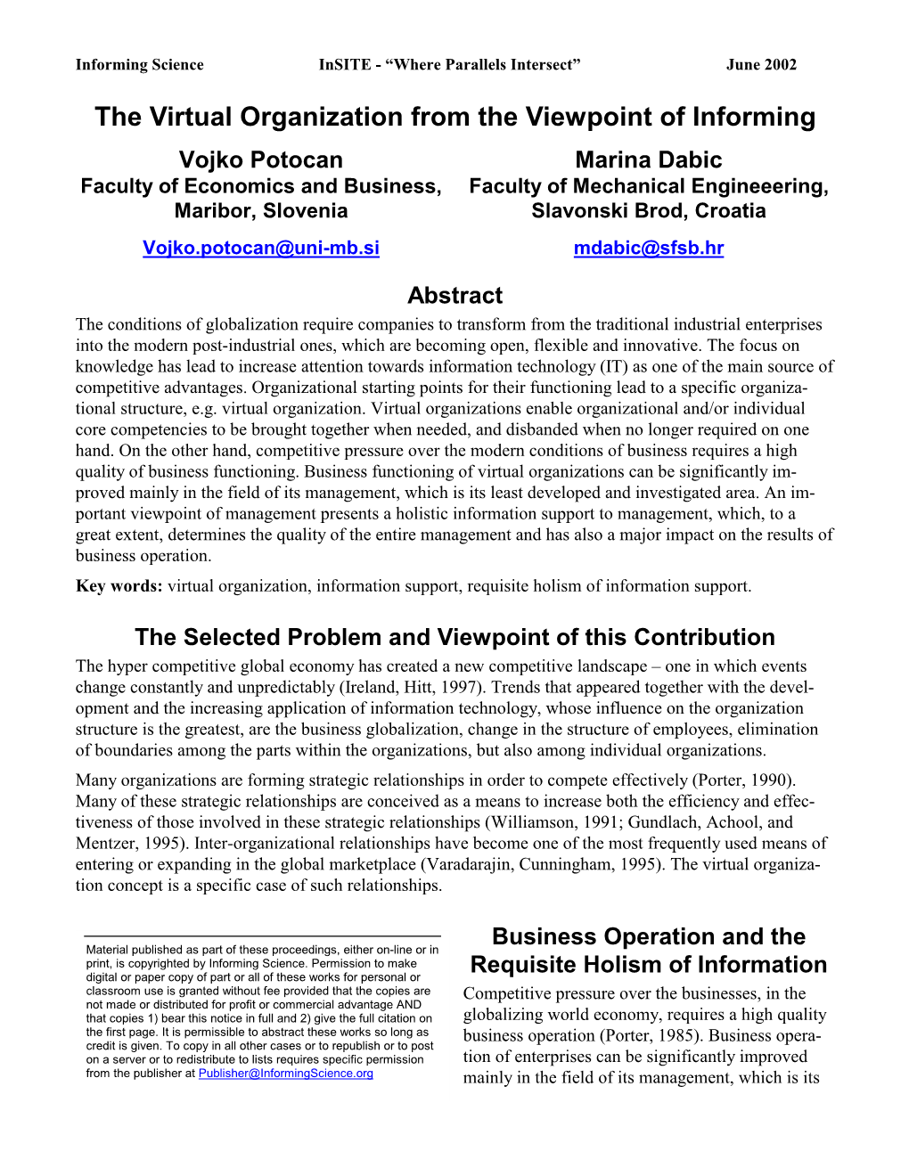 The Virtual Organization from the Viewpoint of Informing