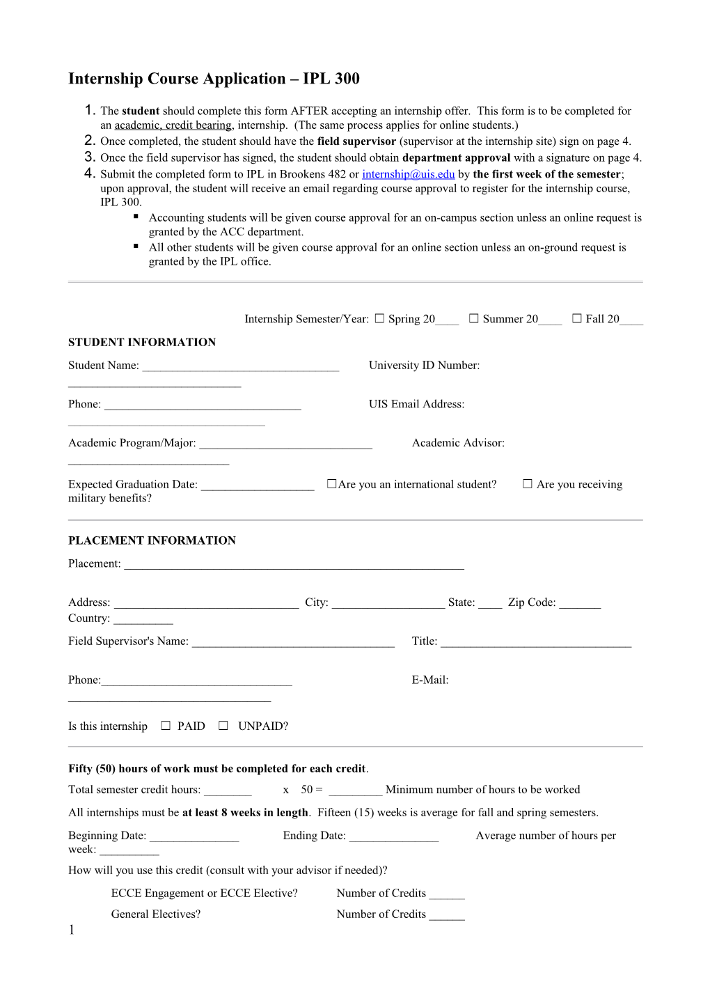 Internship Course Application IPL 300