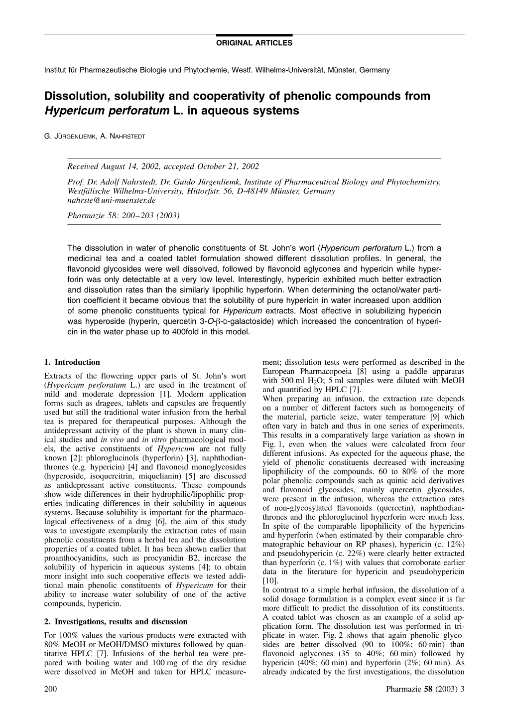 Dissolution, Solubility and Cooperativity of Phenolic Compounds from Hypericum Perforatum L