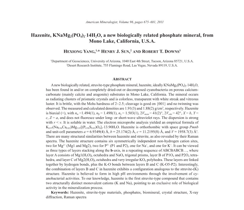 Hazenite, Knamg2(PO4)2⋅14H2O, a New Biologically Related Phosphate Mineral, from Mono Lake, California, U.S.A