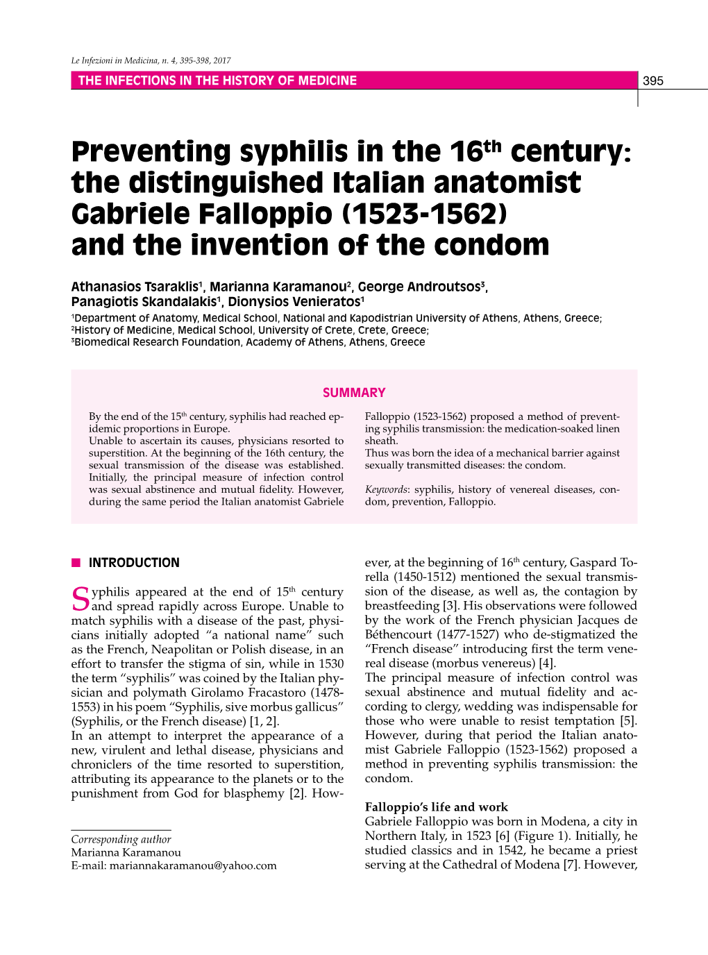 The Distinguished Italian Anatomist Gabriele Falloppio (1523-1562) and the Invention of the Condom