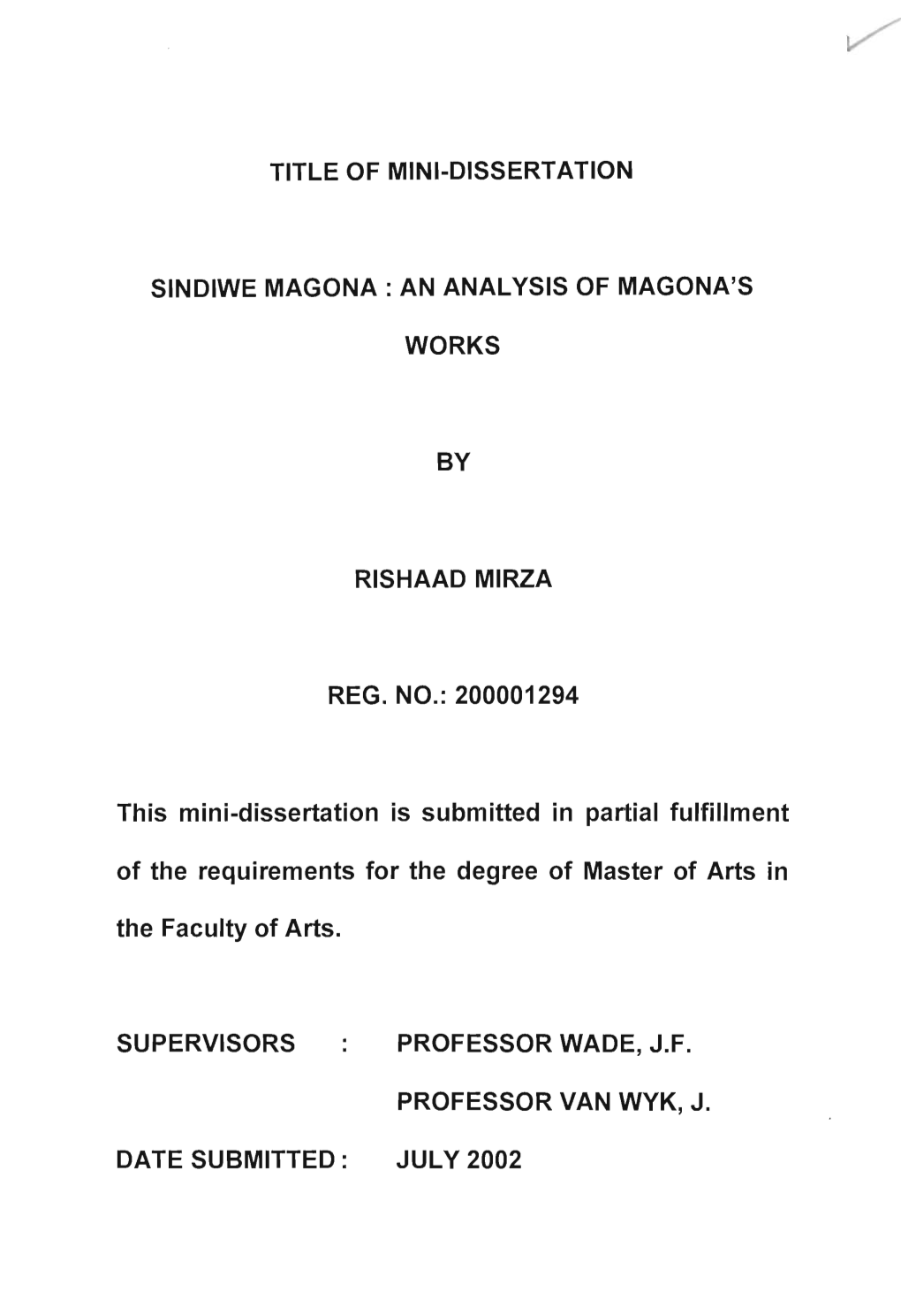 Title of Mini-Dissertation Sindiwe Magona : an Analysis