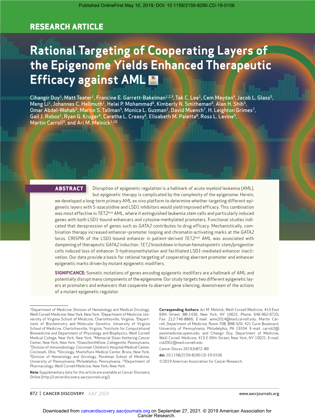 Rational Targeting of Cooperating Layers of the Epigenome Yields Enhanced Therapeutic Efﬁ Cacy Against AML