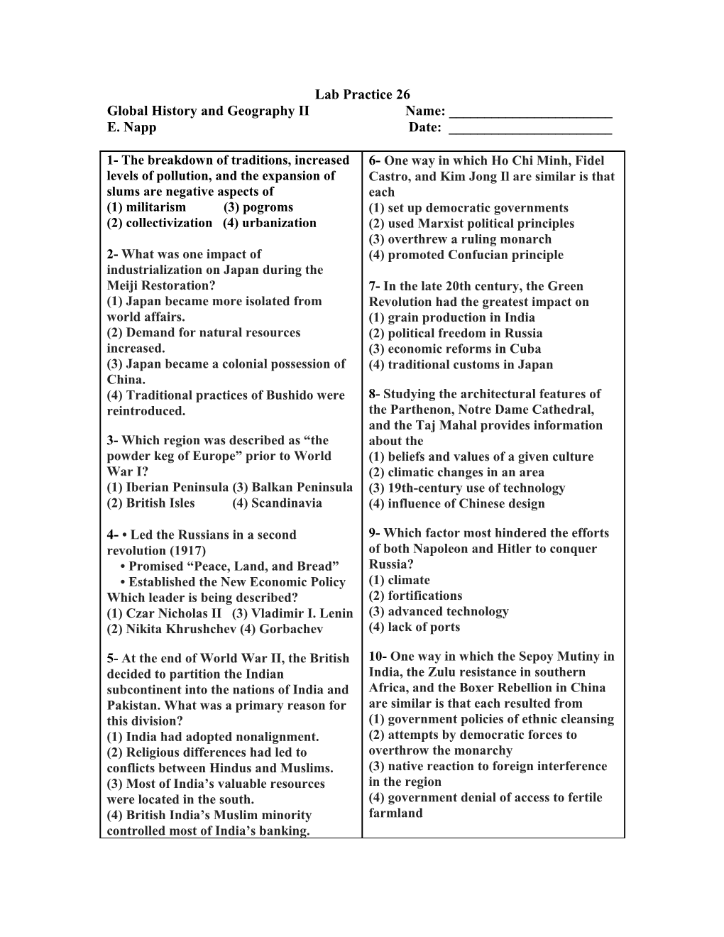 Global History and Geography II Name: ______ s1