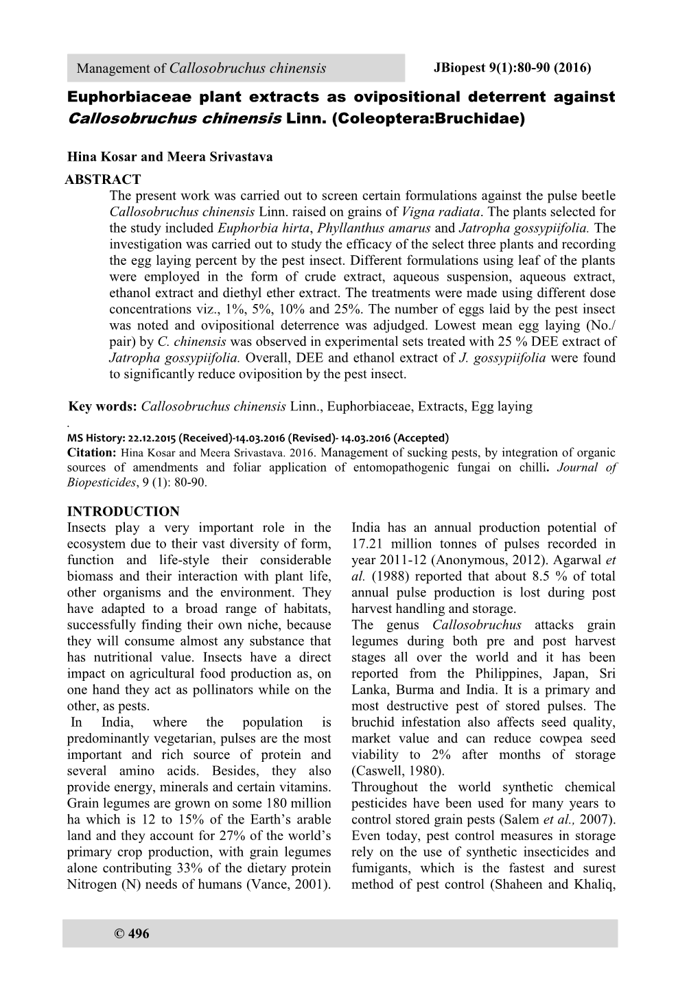 Management of Callosobruchus Chinensis Euphorbiaceae Plant