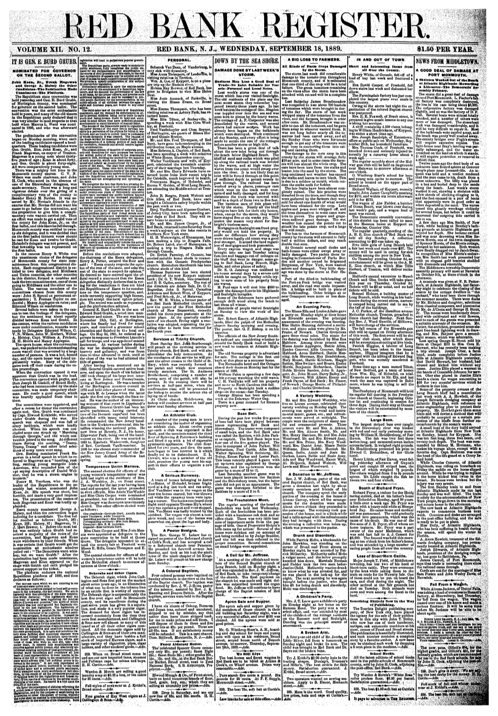 Volume Xii. No, 12. Red Bank, N. J., Wednesday, September 18,1889