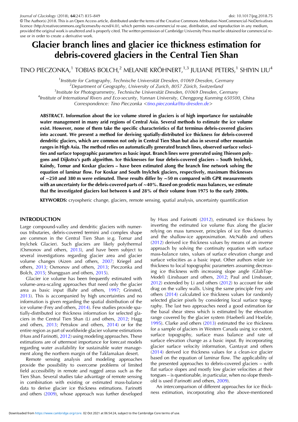 Glacier Branch Lines and Glacier Ice Thickness Estimation for Debris-Covered Glaciers in the Central Tien Shan