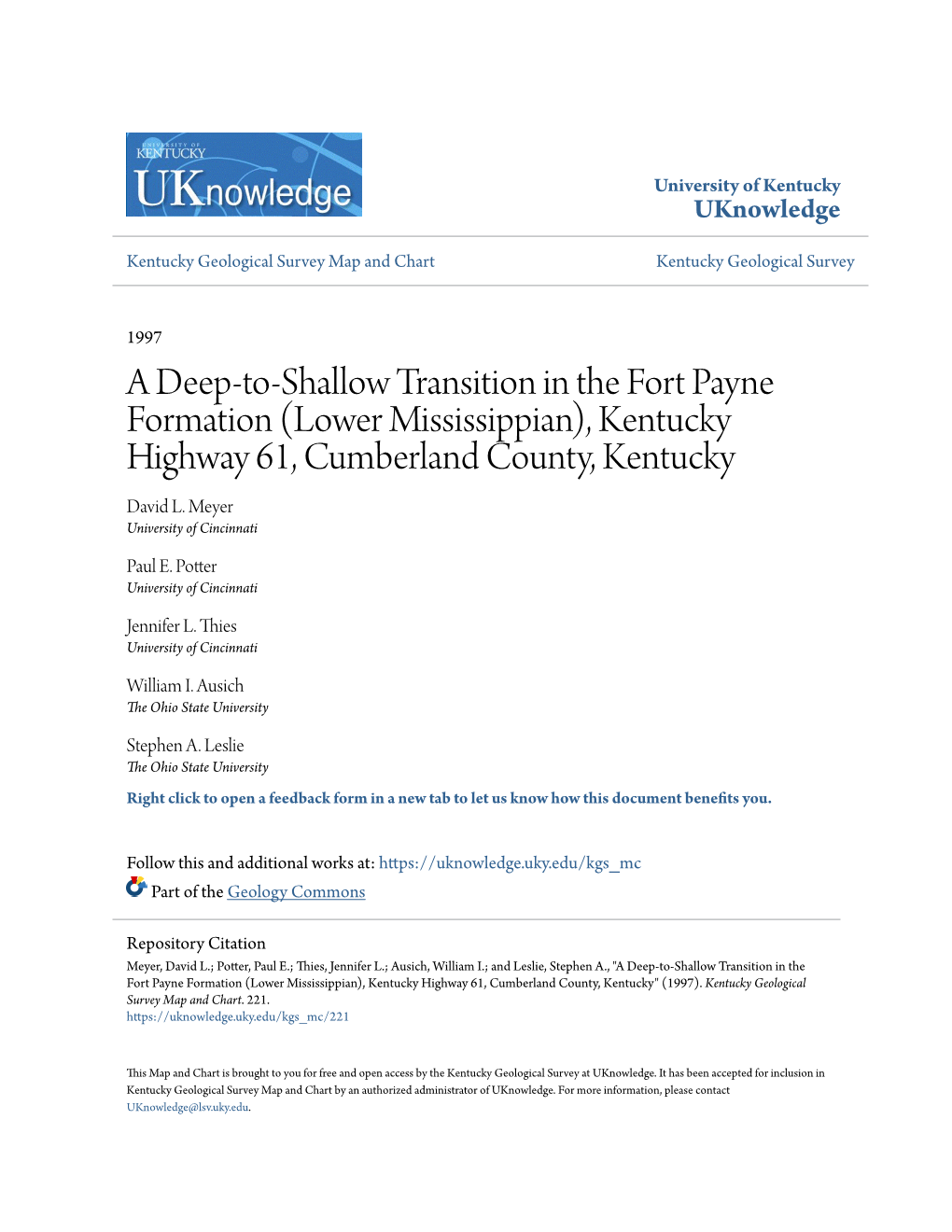 A Deep-To-Shallow Transition in the Fort Payne Formation (Lower Mississippian), Kentucky Highway 61, Cumberland County, Kentucky David L