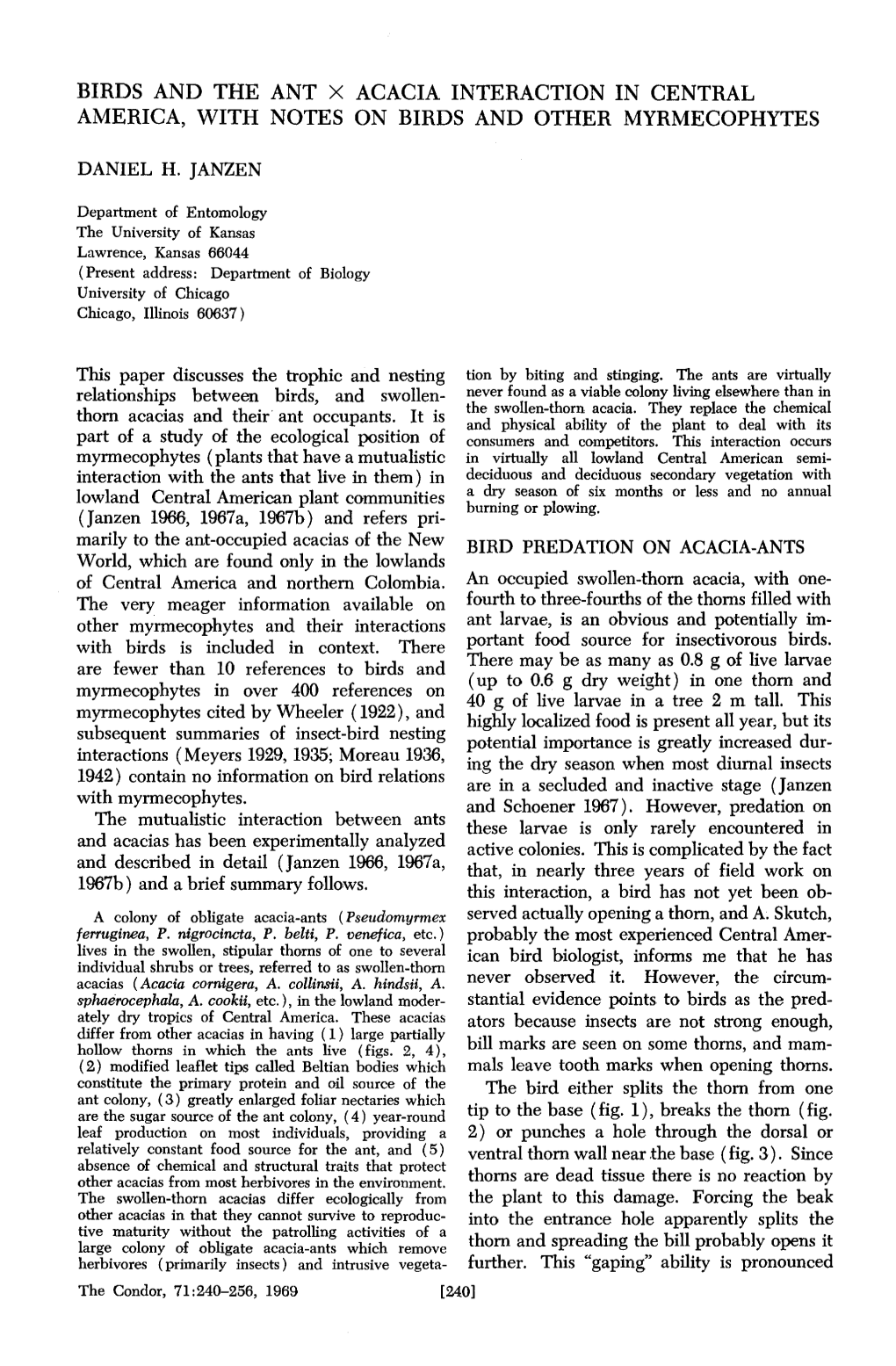 Birds and the Ant X Acacia Interaction in Central America, with Notes on Birds and Other Myrmecophytes