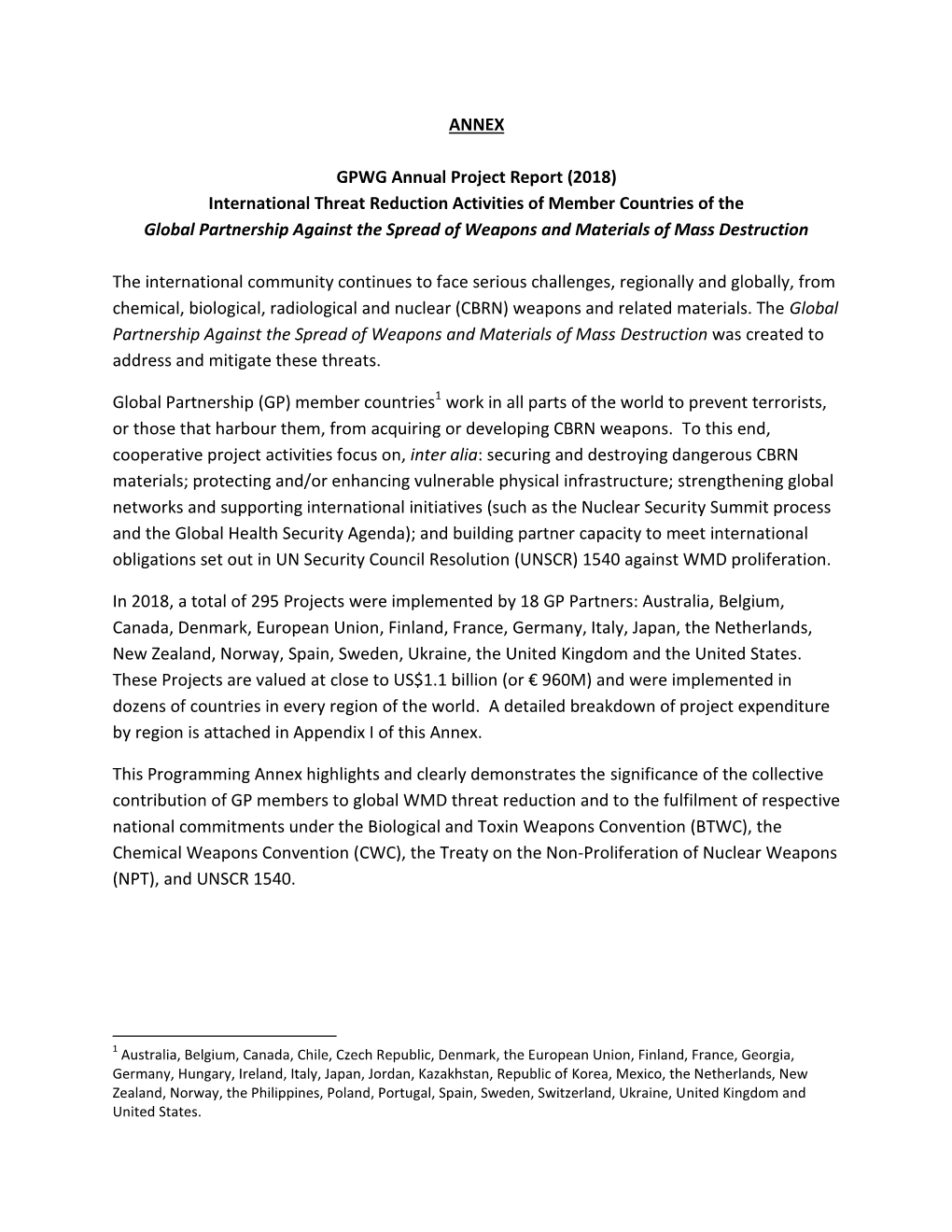 (2018) International Threat Reduction Activities of Member Countries of the Global Partnership Against the Spread of Weapons and Materials of Mass Destruction