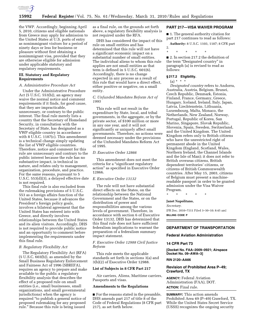 Federal Register/Vol. 75, No. 61/Wednesday, March 31, 2010