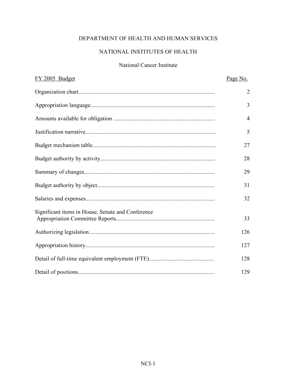 NCI Congressional Justification FY 2005