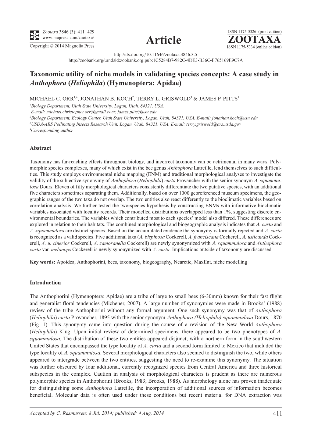 Taxonomic Utility of Niche Models in Validating Species Concepts: a Case Study in Anthophora (Heliophila) (Hymenoptera: Apidae)