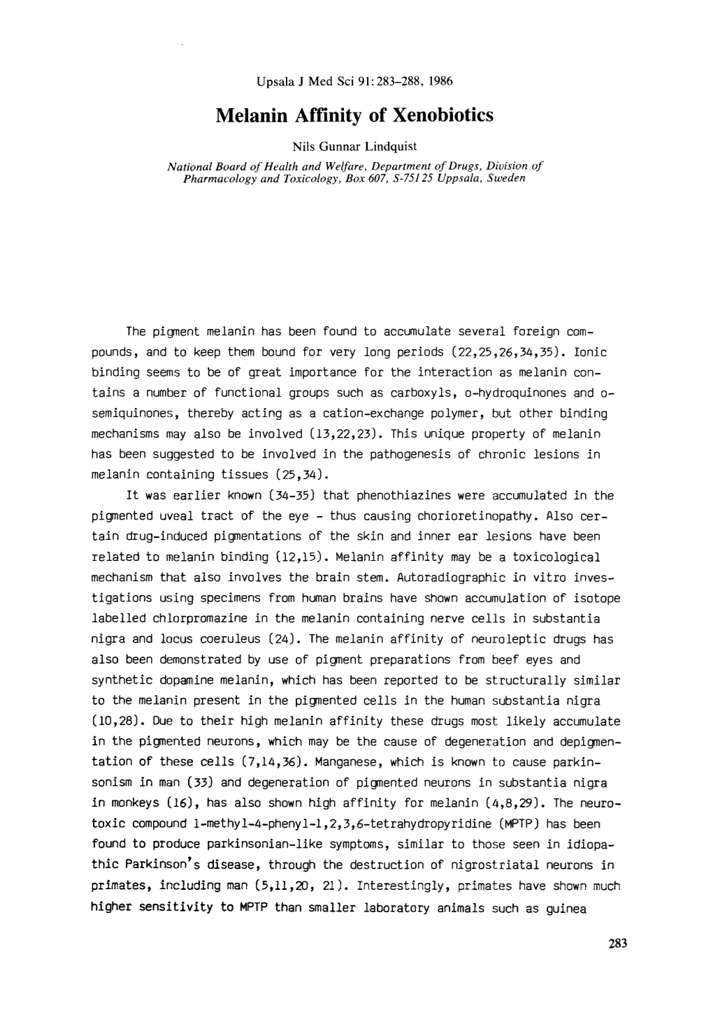 Melanin Affinity of Xenobiotics