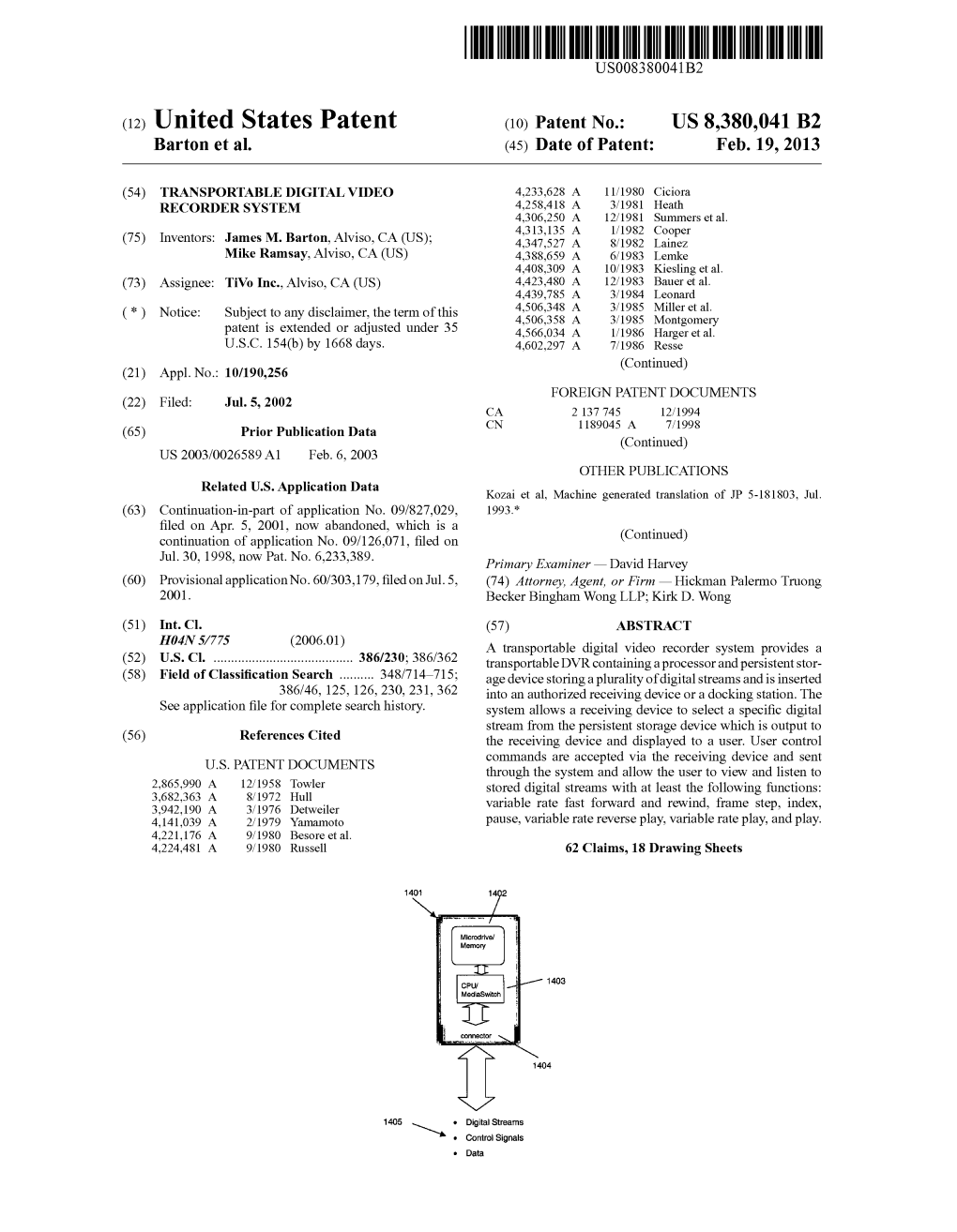 (12) United States Patent (10) Patent No.: US 8,380,041 B2 Barton Et Al