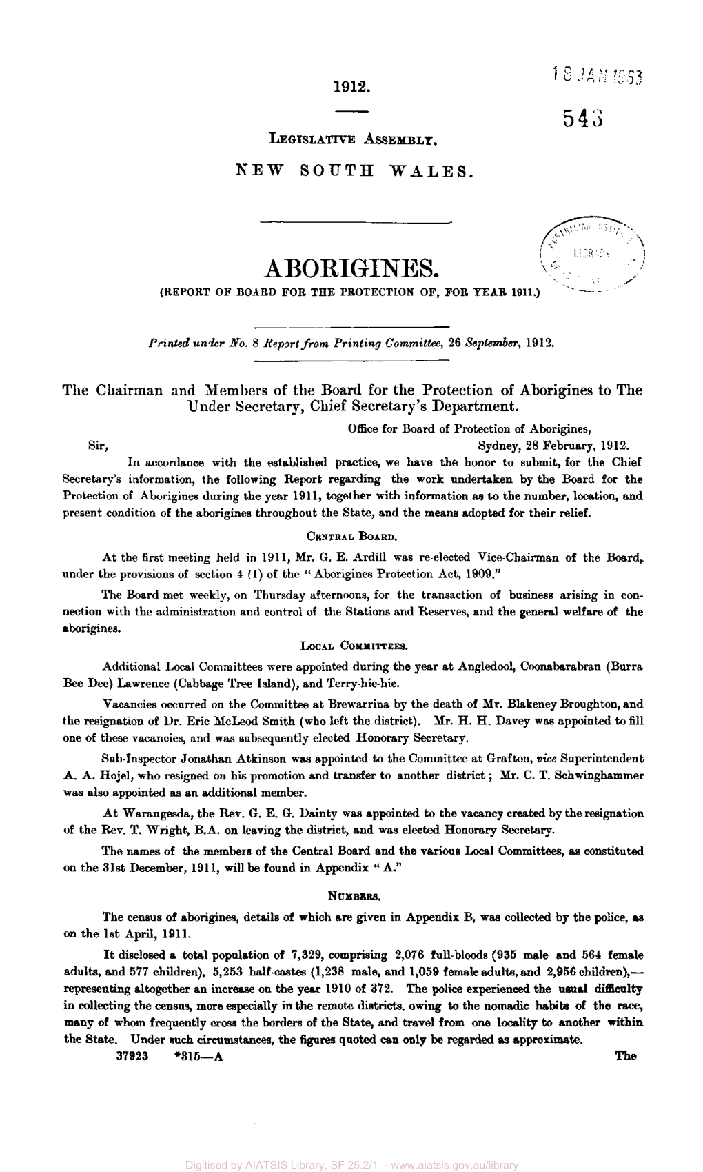 Aborigines, Report of Board for the Protection Of, for Year 1911