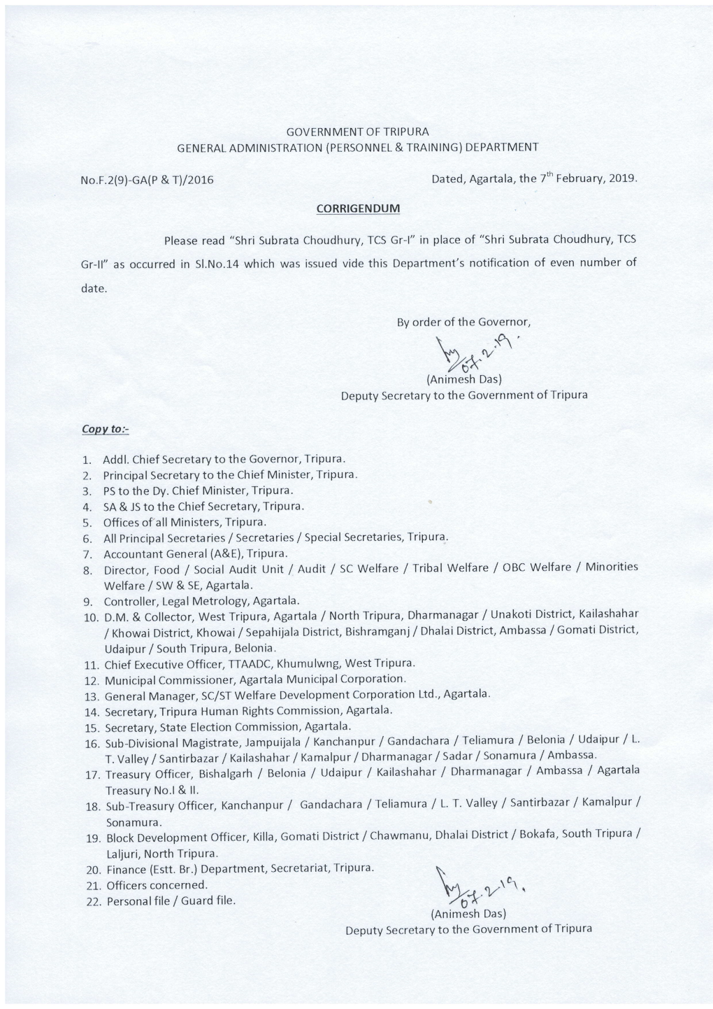 \A."''R' (Animesh Das) Deputy Secretary to the Government of Tripura