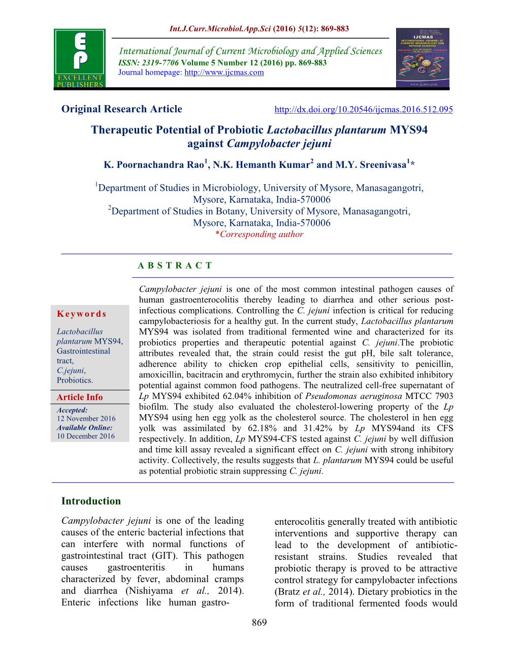 Therapeutic Potential of Probiotic Lactobacillus Plantarum MYS94 Against Campylobacter Jejuni