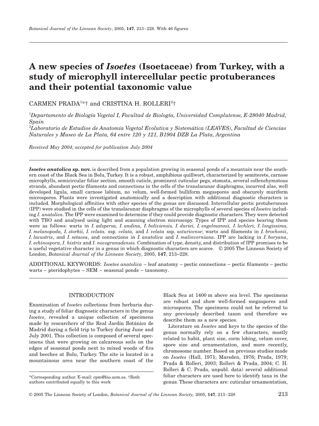 A New Species of Isoetes (Isoetaceae) from Turkey, with a Study of Microphyll Intercellular Pectic Protuberances and Their Potential Taxonomic Value