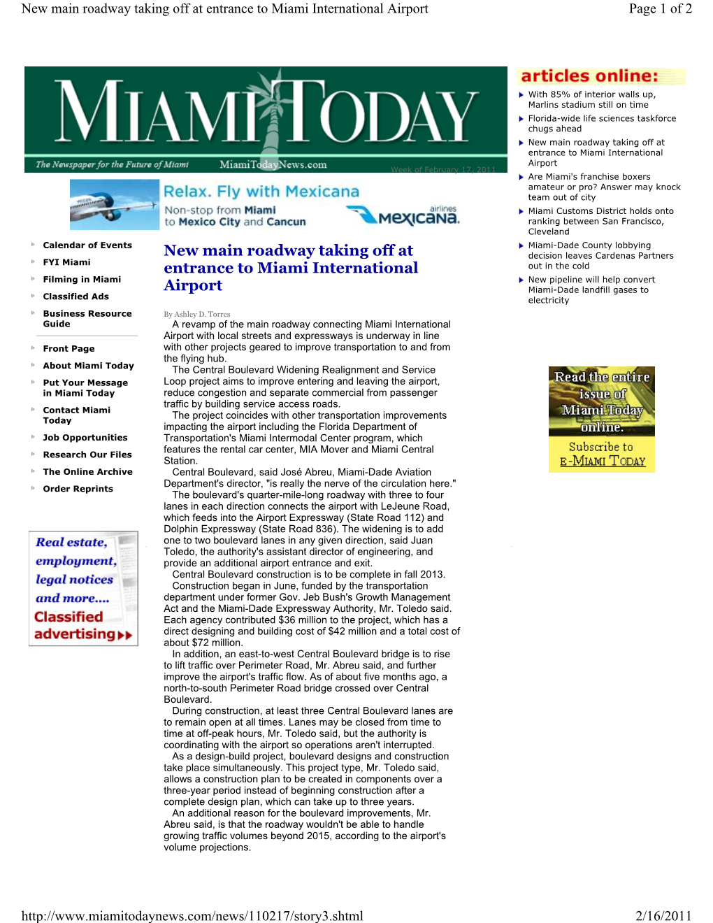 New Main Roadway Taking Off at Entrance to Miami International Airport Page 1 of 2