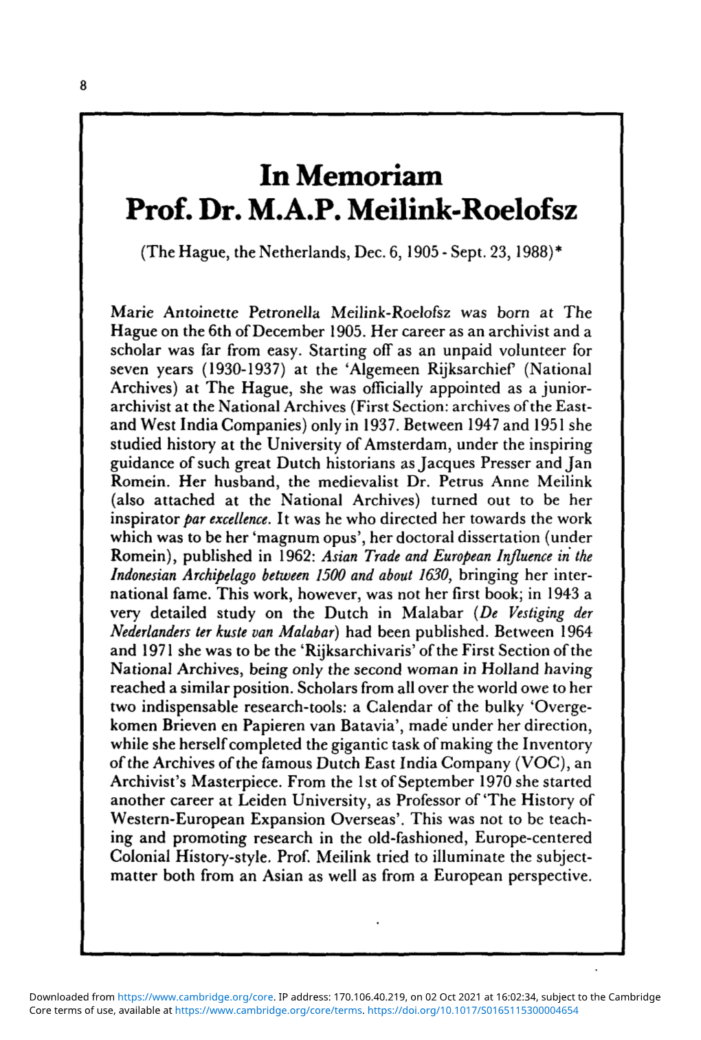 In Memoriam Prof. Dr. M.A.P. Meilink-Roelofsz