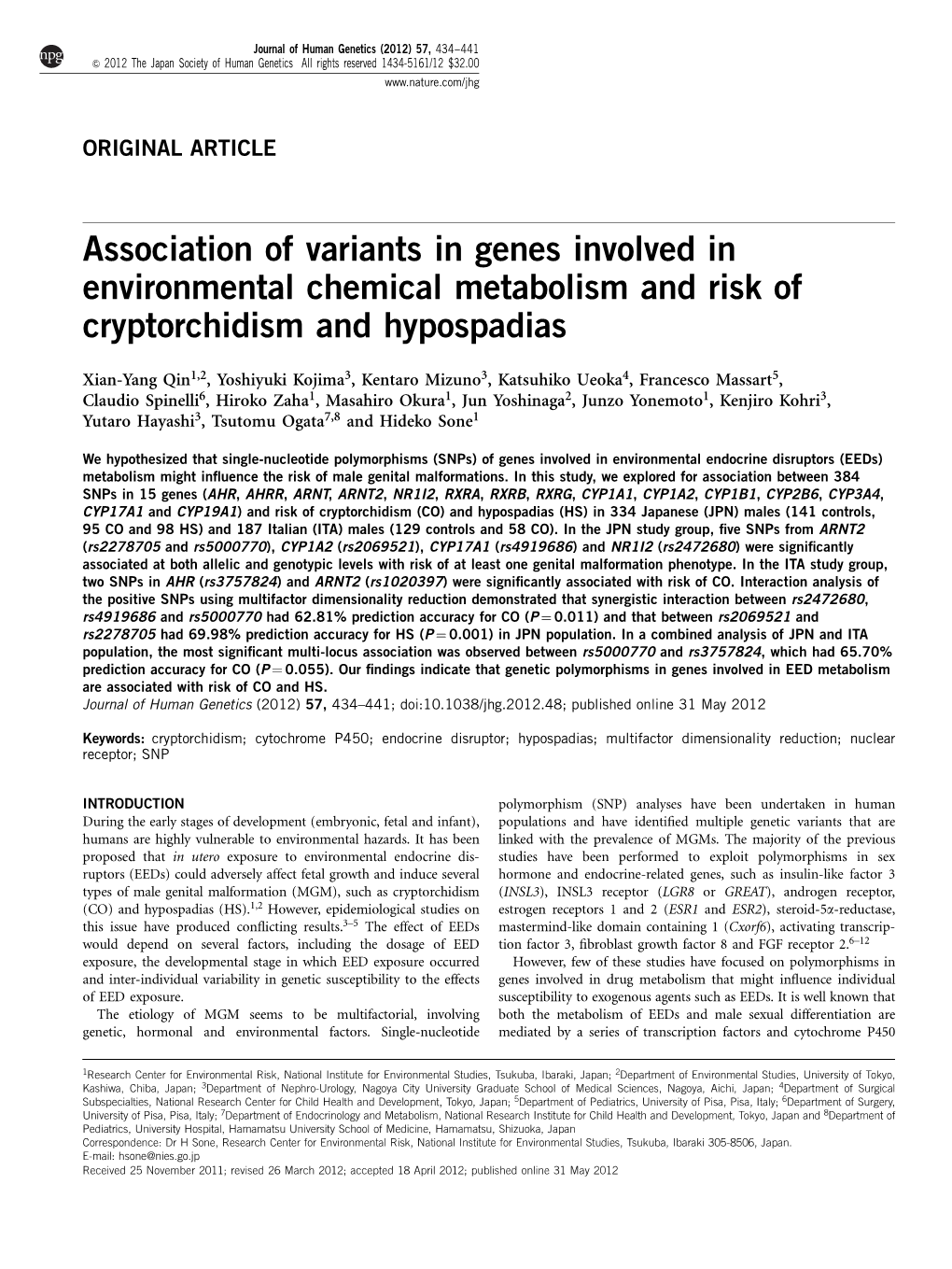 Association of Variants in Genes Involved in Environmental Chemical Metabolism and Risk of Cryptorchidism and Hypospadias