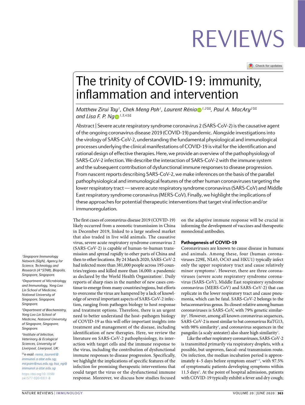 The Trinity of COVID-19: Immunity, Inflammation and Intervention