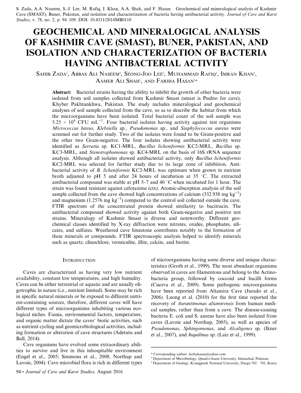 Geochemical and Mineralogical Analysis of Kashmir Cave (SMAST), Buner, Pakistan, and Isolation and Characterization of Bacteria Having Antibacterial Activity