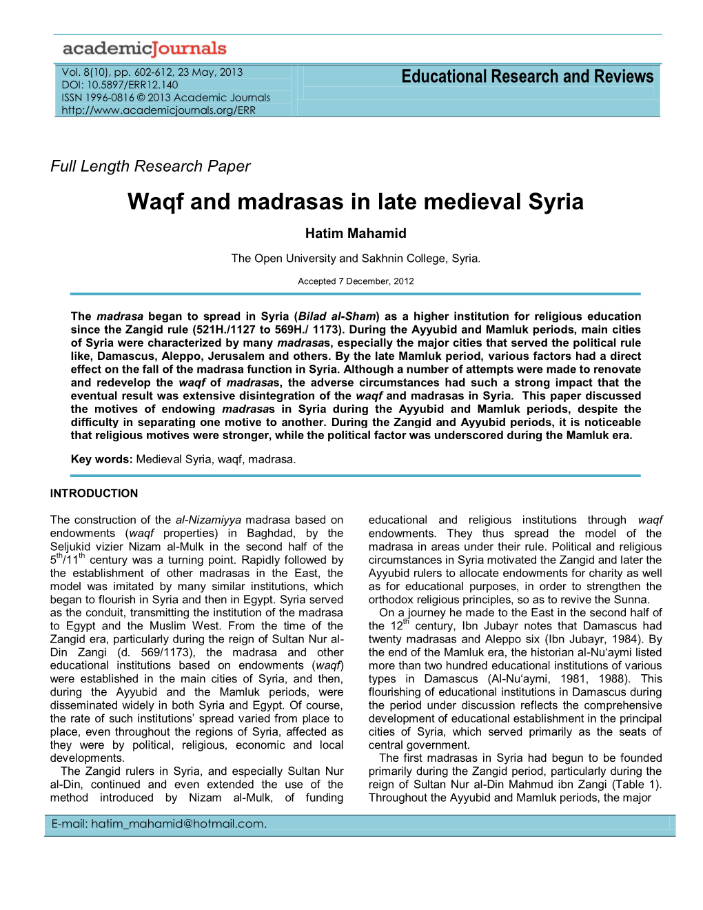 Waqf and Madrasas in Late Medieval Syria