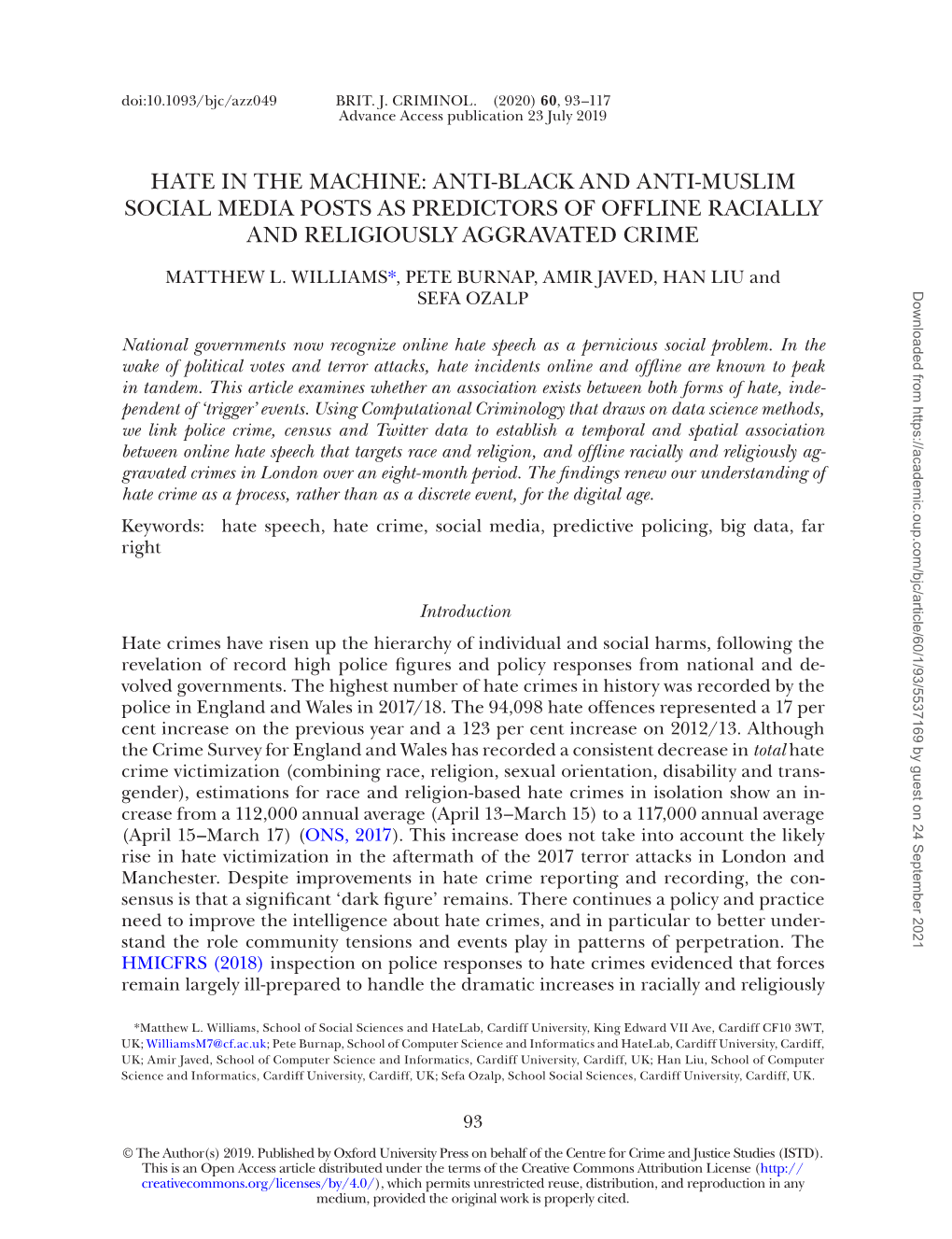 Hate in the Machine: Anti-Black and Anti-Muslim Social Media Posts As Predictors of Offline Racially and Religiously Aggravated Crime