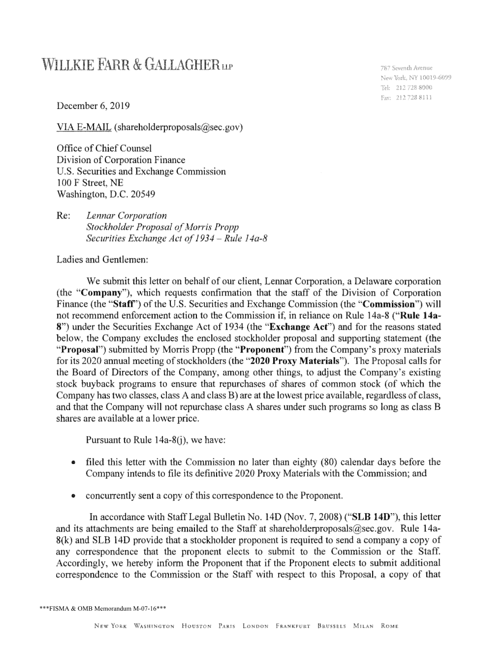 Lennar Corporation; Rule 14A-8 No-Action Letter