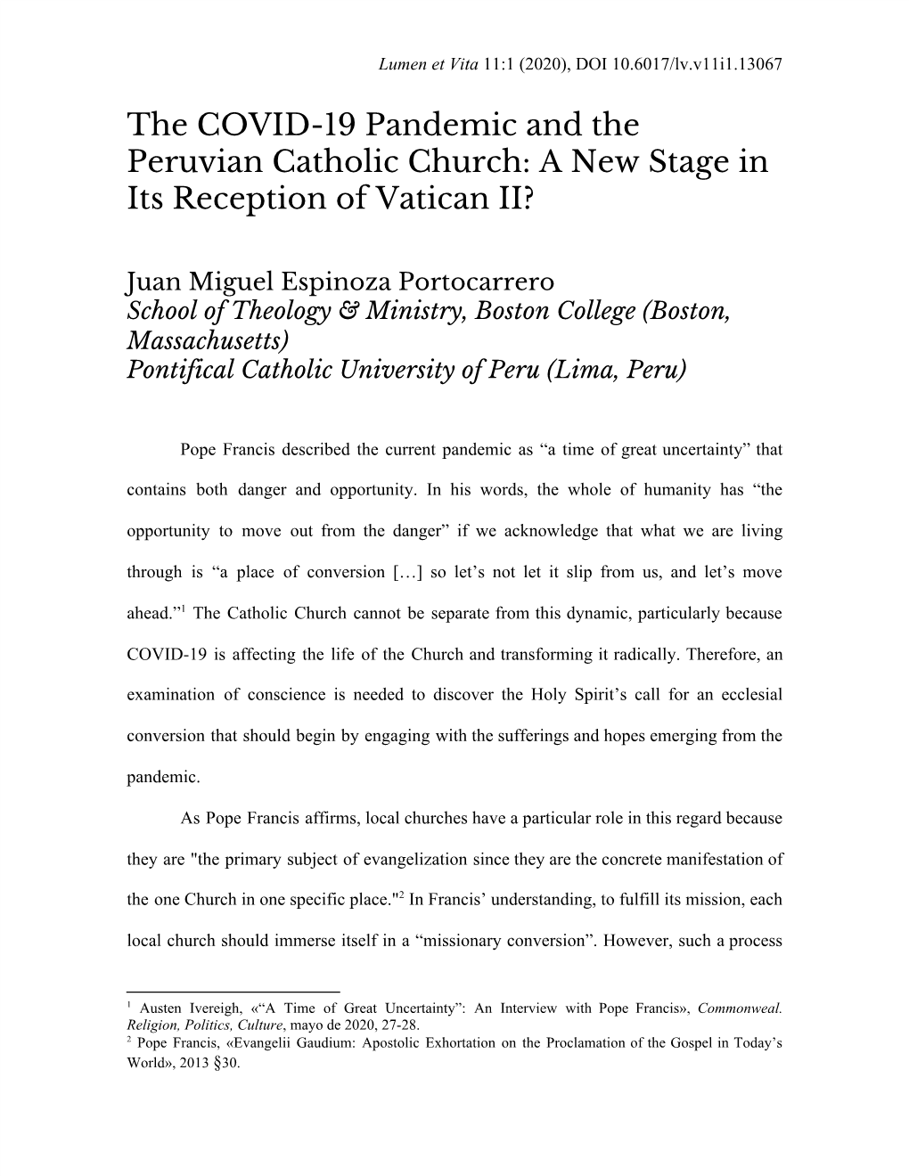 The COVID-19 Pandemic and the Peruvian Catholic Church: a New Stage in Its Reception of Vatican II?