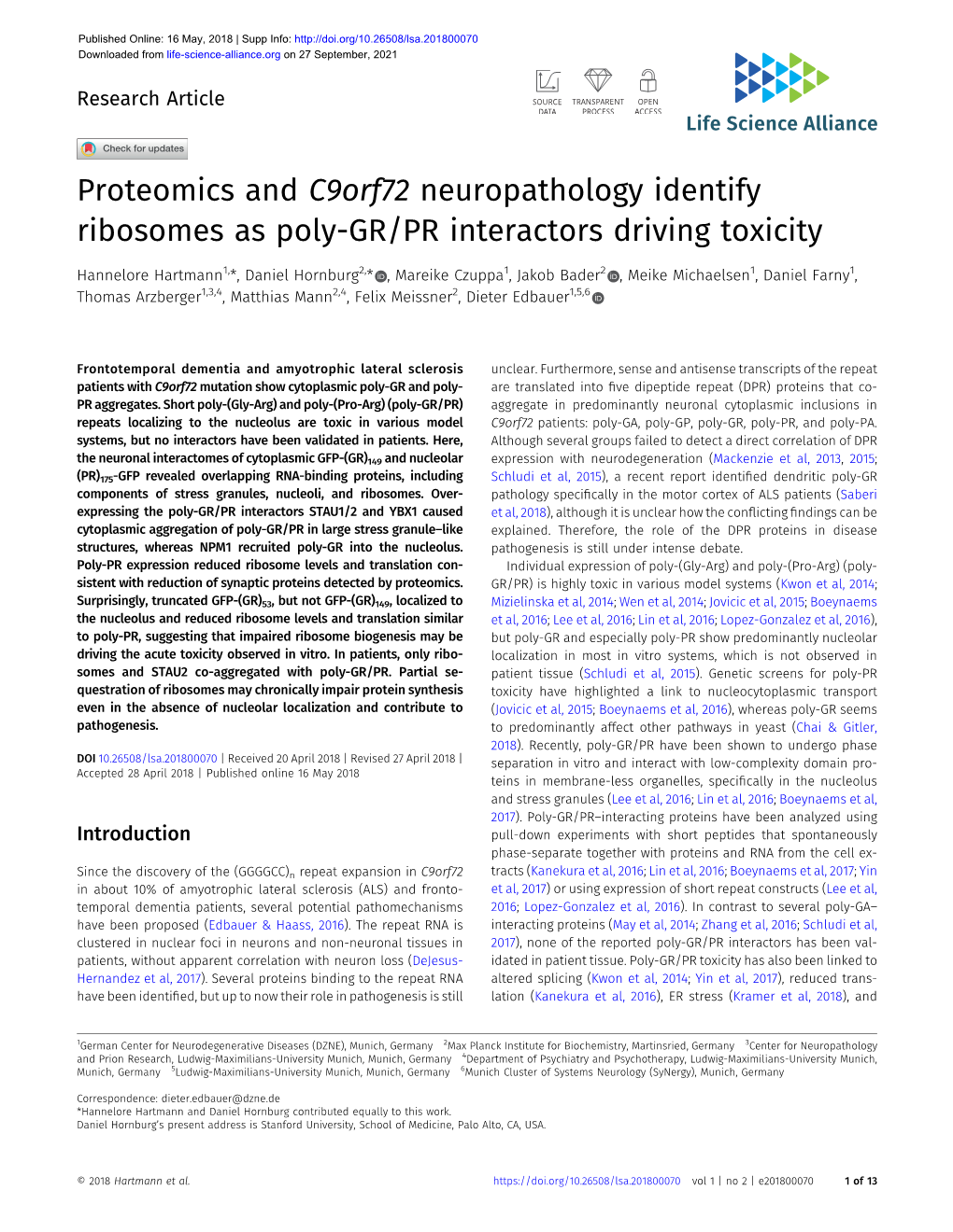 Proteomics and C9orf72 Neuropathology Identify Ribosomes As Poly-GR/PR Interactors Driving Toxicity