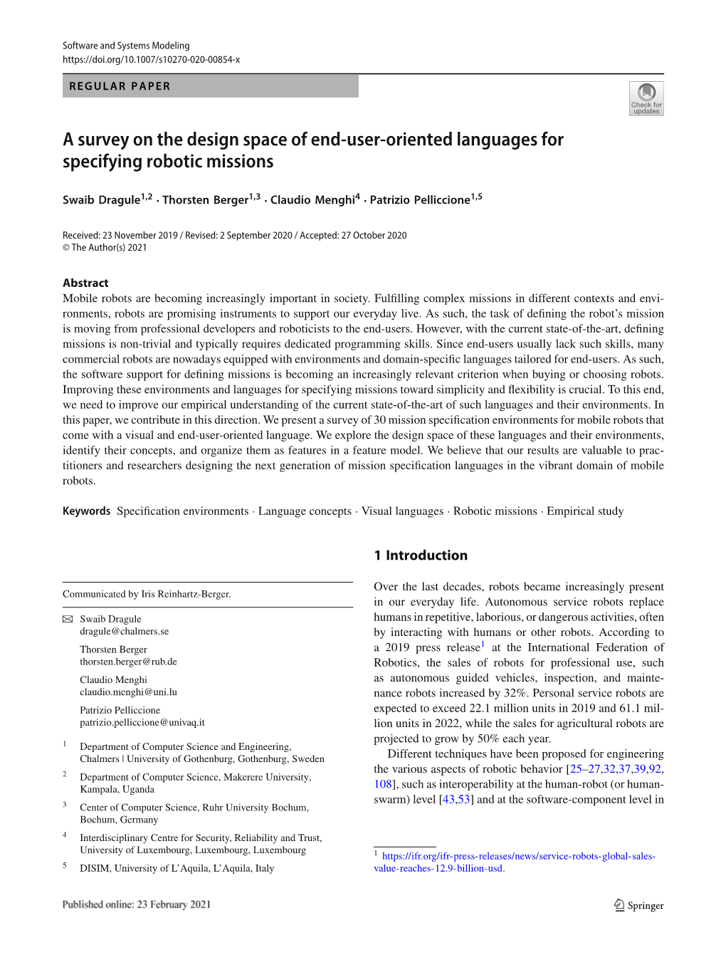 A Survey on the Design Space of End-User-Oriented Languages for Specifying Robotic Missions