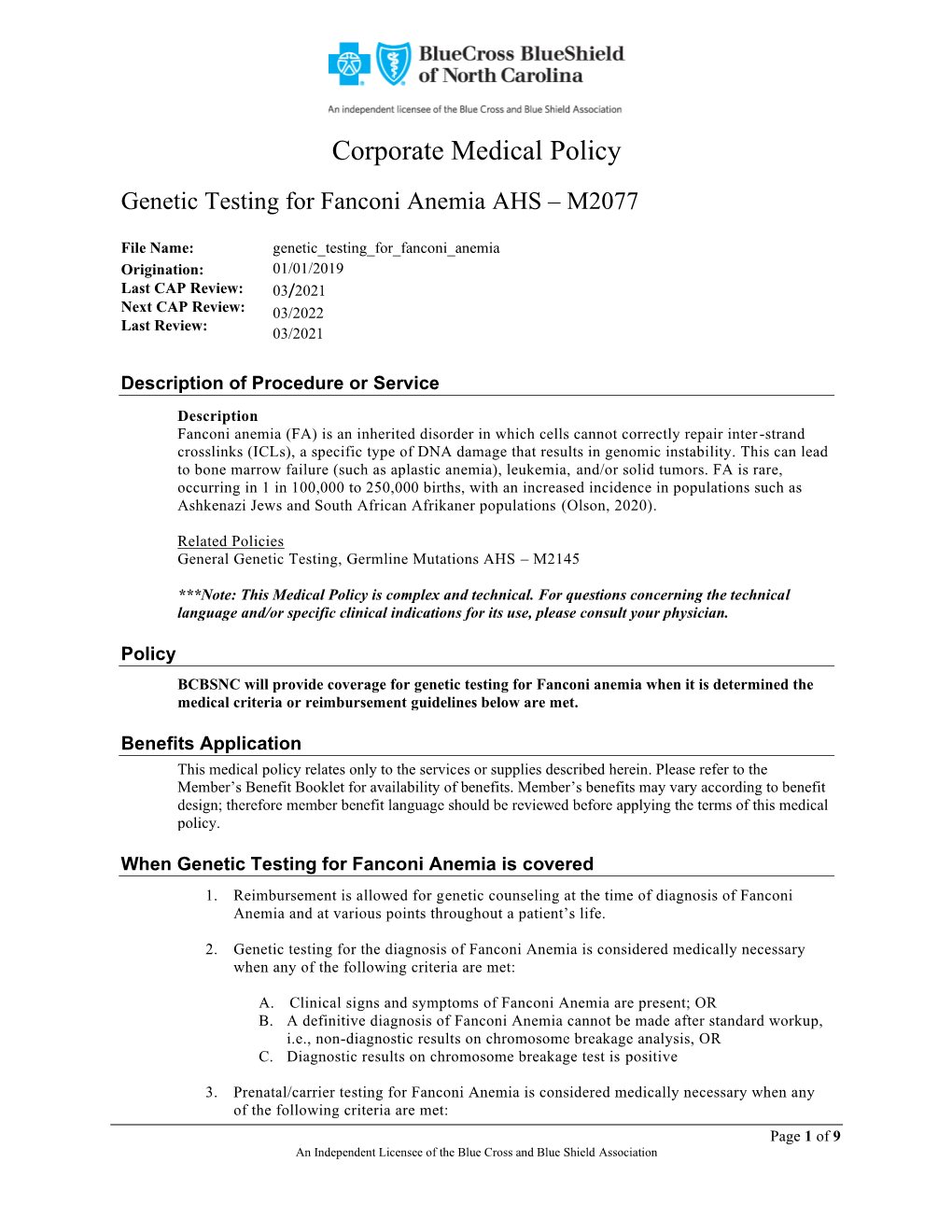 Genetic Testing for Fanconi Anemia AHS – M2077