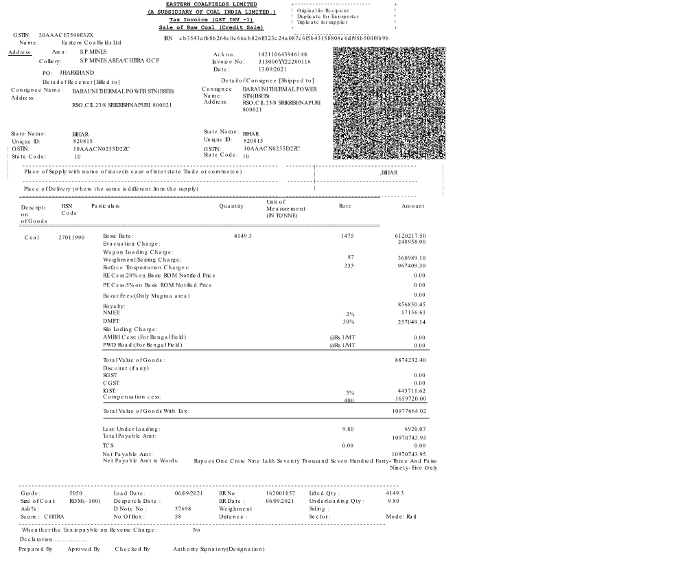 Tax Invoice (GST INV -1) Sale of Raw Coal