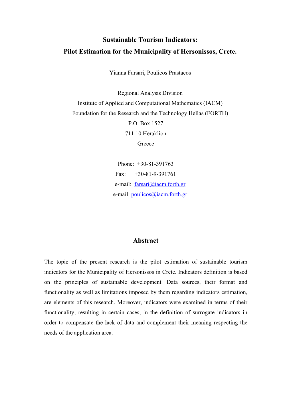 Sustainable Tourism Indicators: Pilot Estimation for the Municipality of Hersonissos, Crete