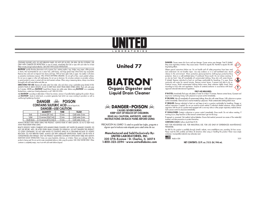 BIATRON® Quickly Dissolves Obstructions Such As Grease, Hair, Sanitary Napkins, Rags, Sludge, Soap, Paper, Coffee Grounds Obtain Special Instructions Before Use