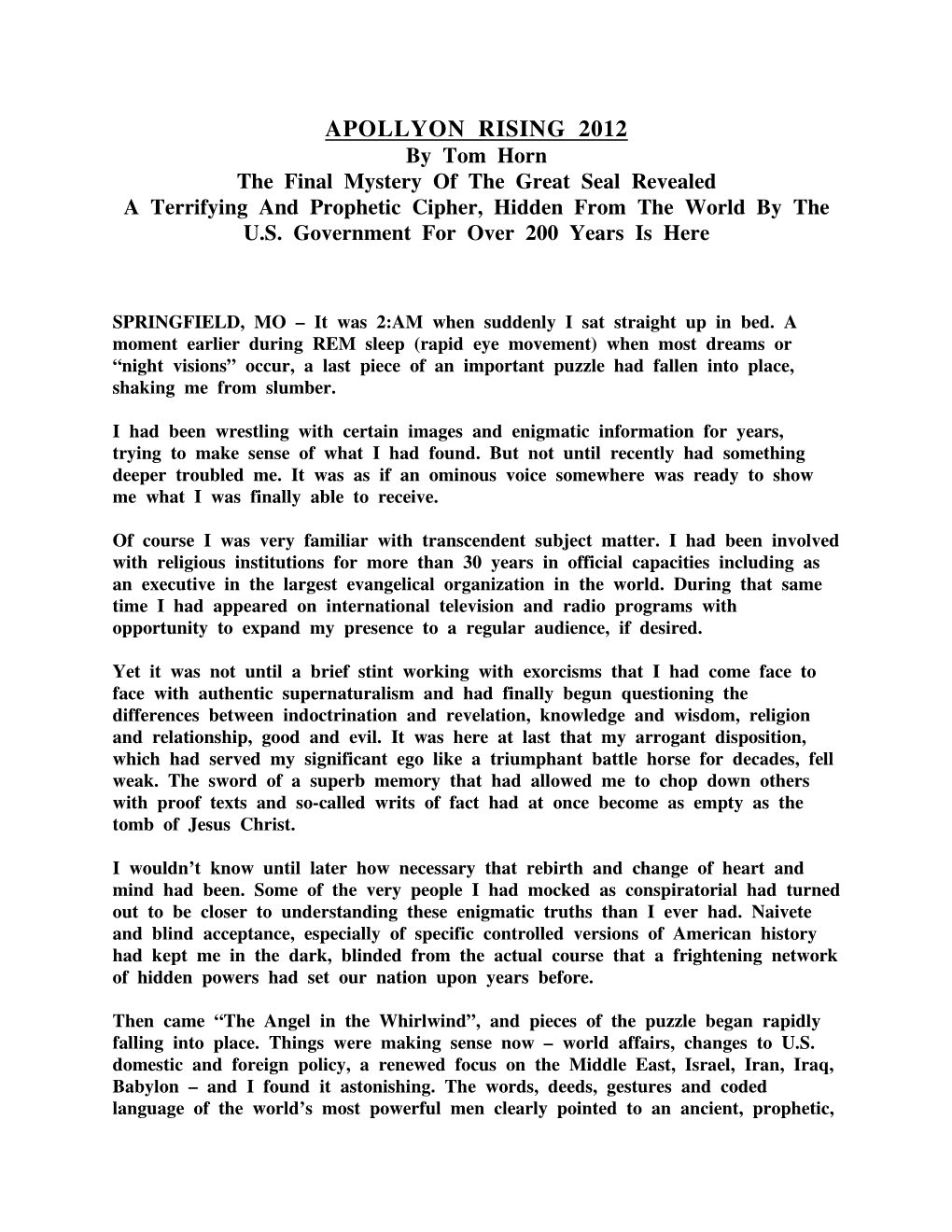 APOLLYON RISING 2012 by Tom Horn the Final Mystery of the Great Seal Revealed a Terrifying and Prophetic Cipher, Hidden from the World by the U.S