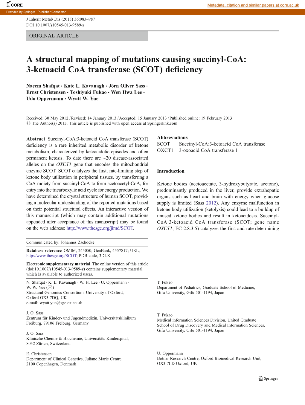 A Structural Mapping of Mutations Causing Succinyl-Coa: 3-Ketoacid Coa Transferase (SCOT) Deficiency