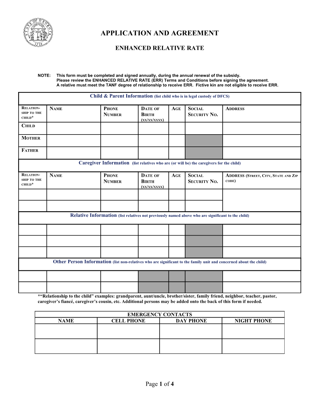 Relative Care Subsidy Application and Agreement